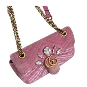 Gucci Authentic Marmont Small Pink Velvet Crystal Matelassé Shoulder Bag